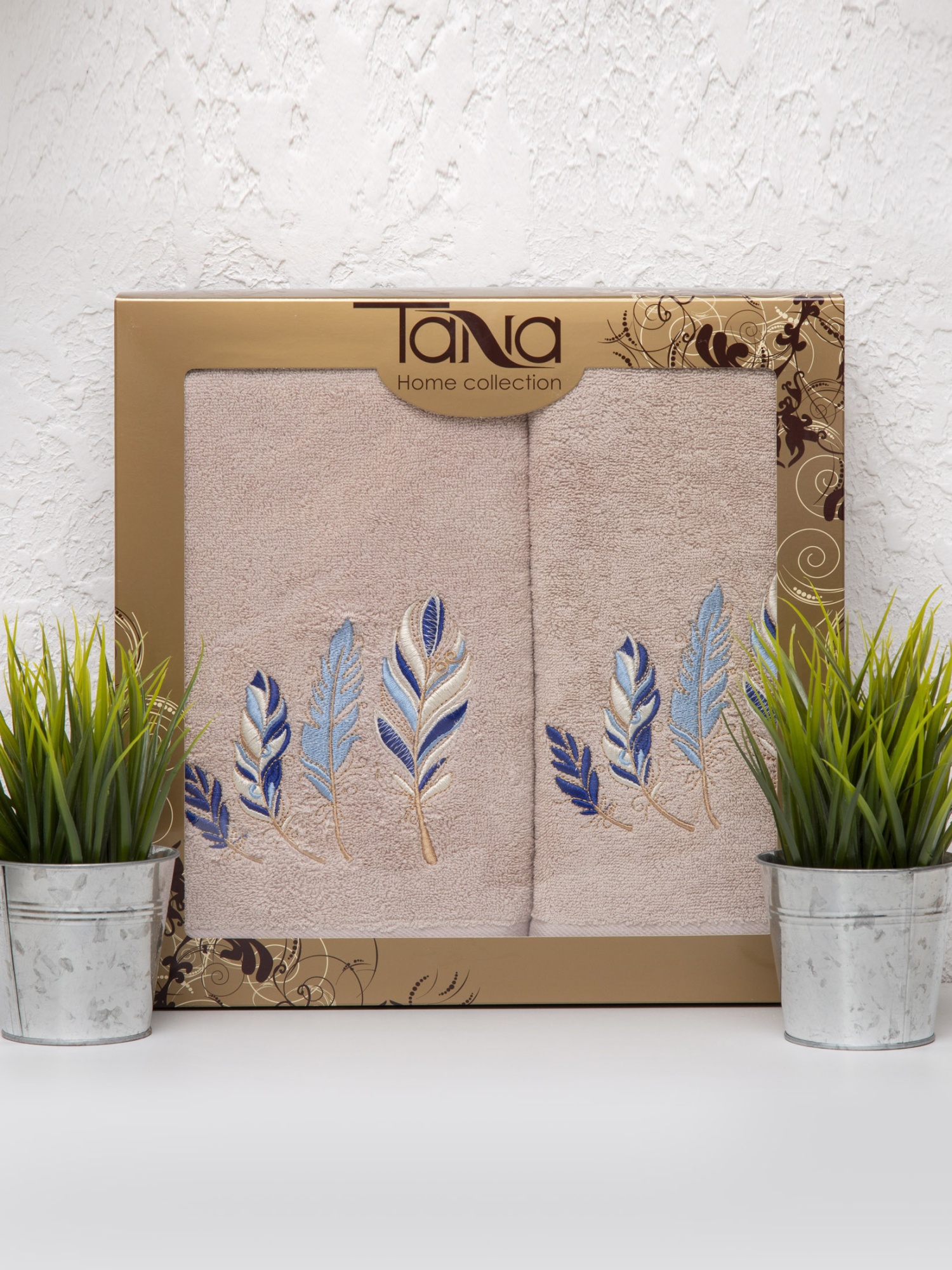 Набор полотенец ПЕРЫШКИ бежевый без бахромы из 2-х