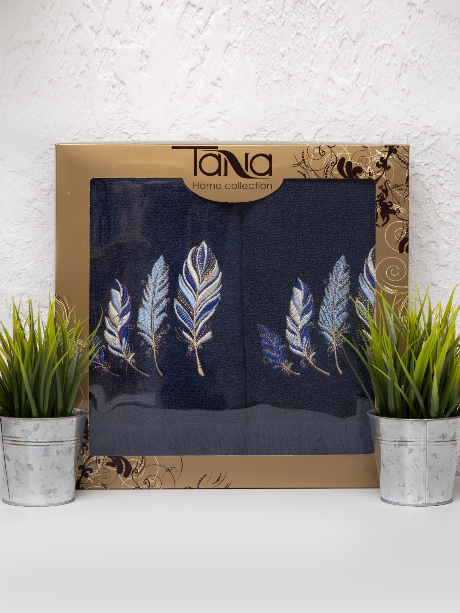 Набор полотенец ПЕРЫШКИ синий с бахромой из 2-х